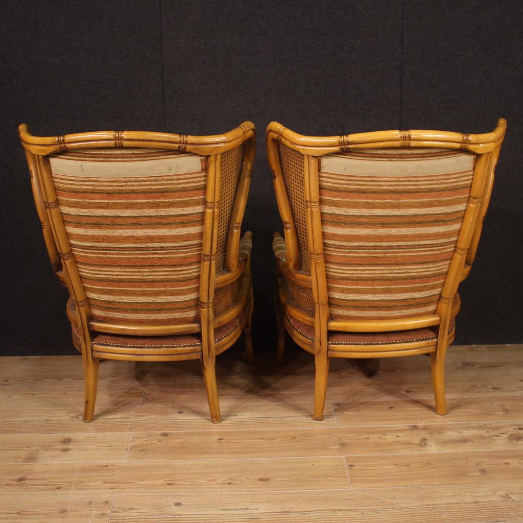 Pair of 20th Century Faux Bamboo Wood Cane and Fabric Italian Modern Armchairs For Sale 5