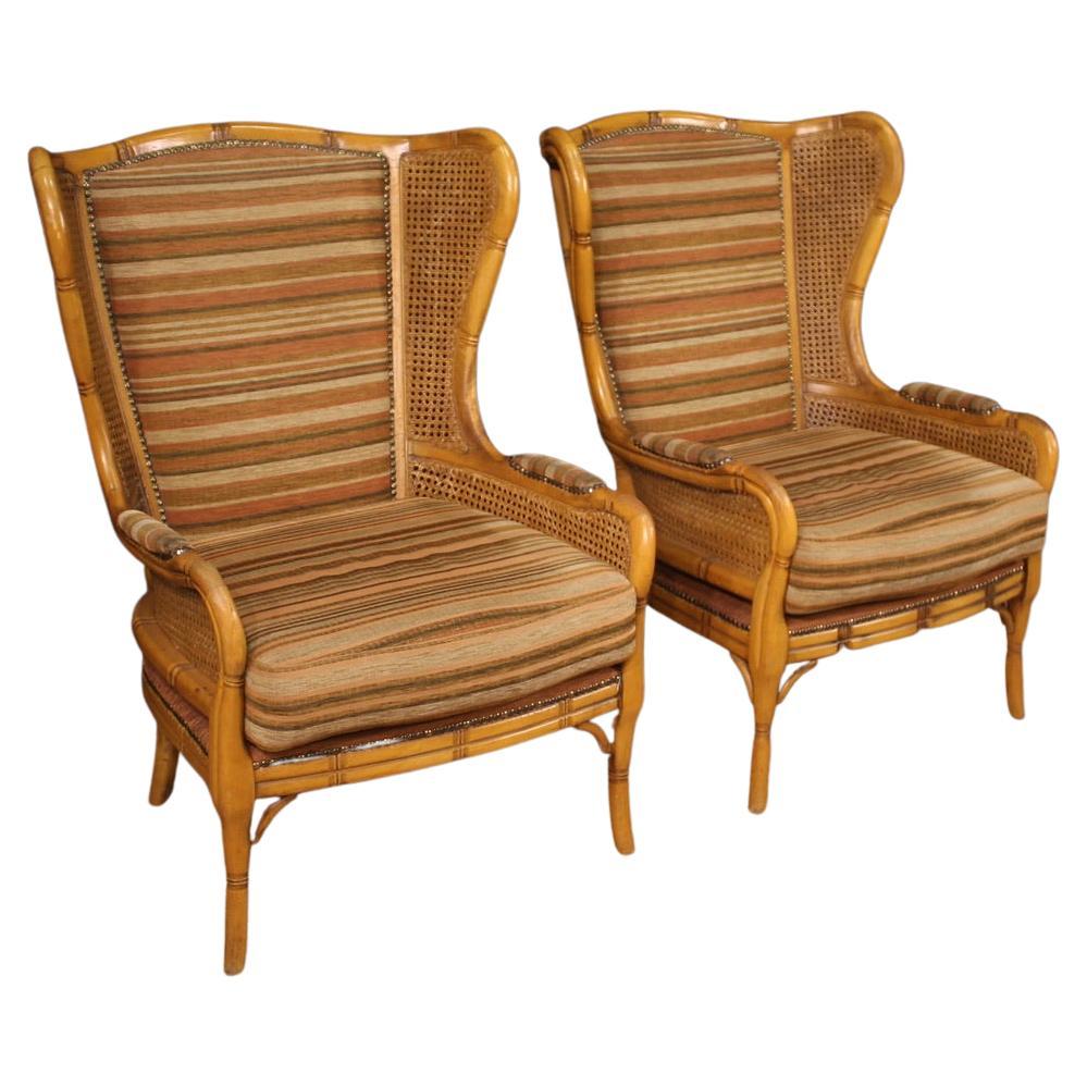 Pair of 20th Century Faux Bamboo Wood Cane and Fabric Italian Modern Armchairs For Sale