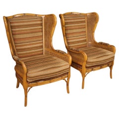 Retro Pair of 20th Century Faux Bamboo Wood Cane and Fabric Italian Modern Armchairs