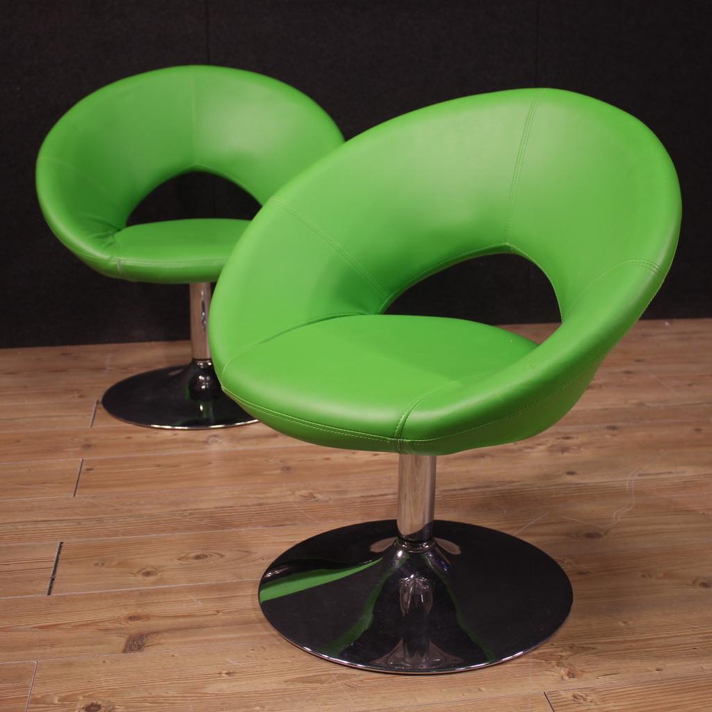 Pair of 20th Century Faux Leather and Metal Green Armchairs, 1980s For Sale 5