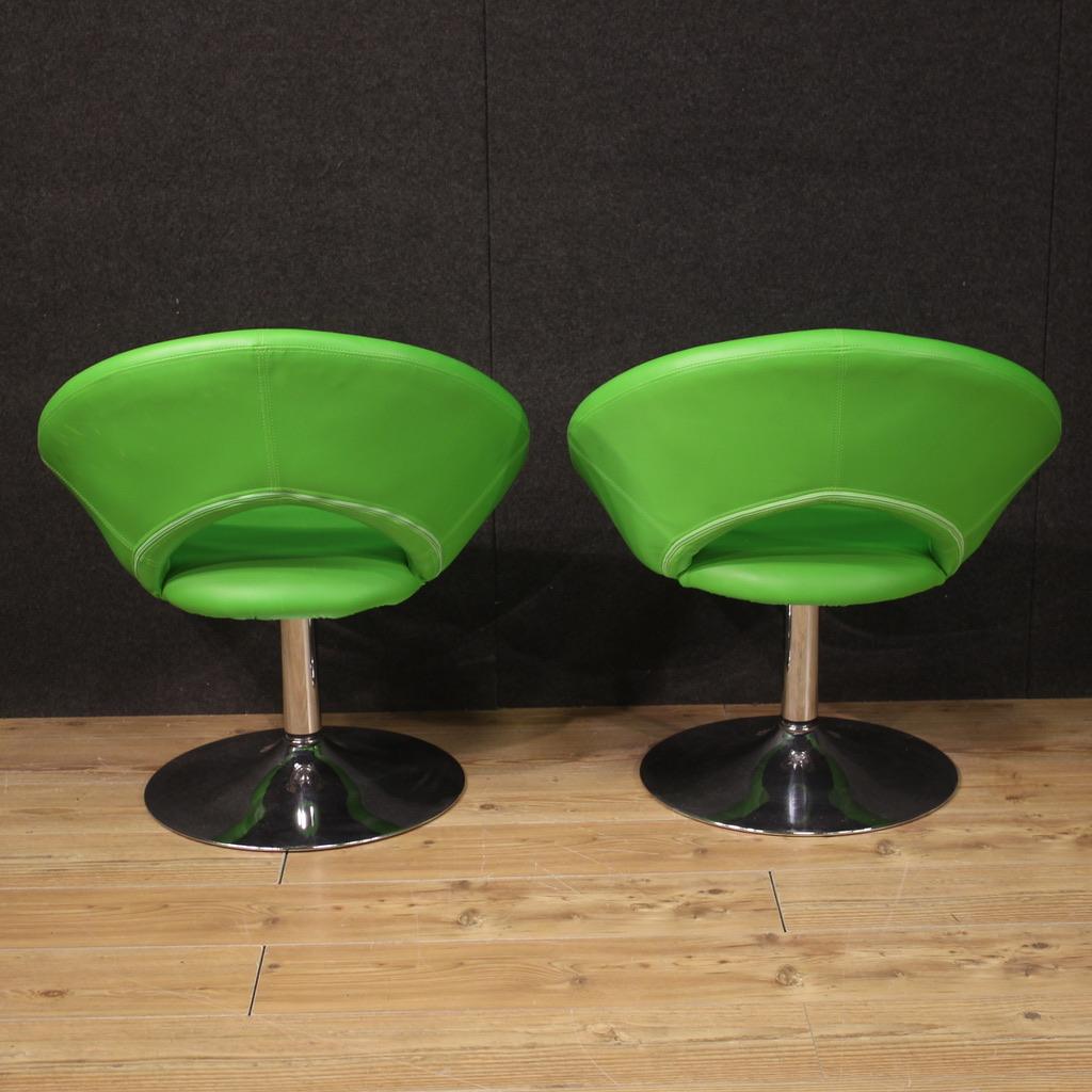 Late 20th Century Pair of 20th Century Faux Leather and Metal Green Armchairs, 1980s For Sale