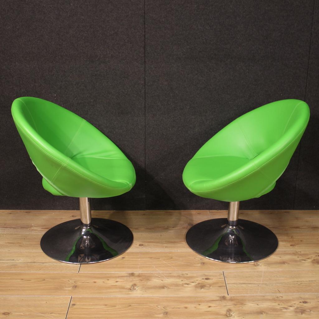 Pair of 20th Century Faux Leather and Metal Green Armchairs, 1980s For Sale 2