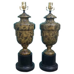 Pair of 20th Century Faux Marble Turned Wooden Lamps, Neoclassical, Base Pair of 20th Century Faux Marble Turned Wooden Lamps, Neoclassical, Base
