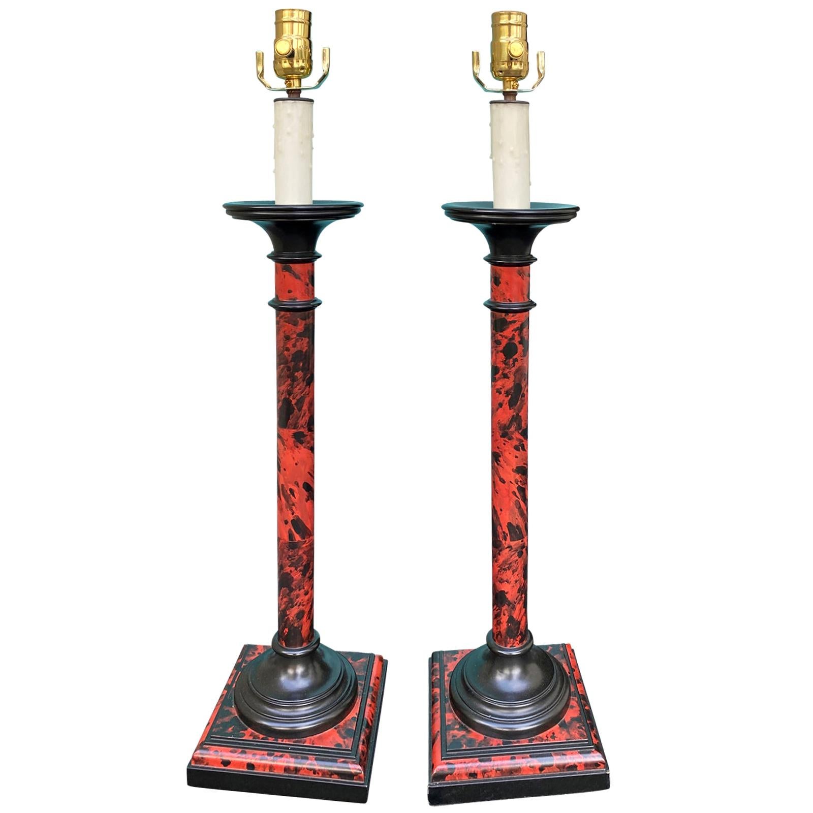 Pair of 20th Century Faux Tortoise Shell Candlestick Lamps