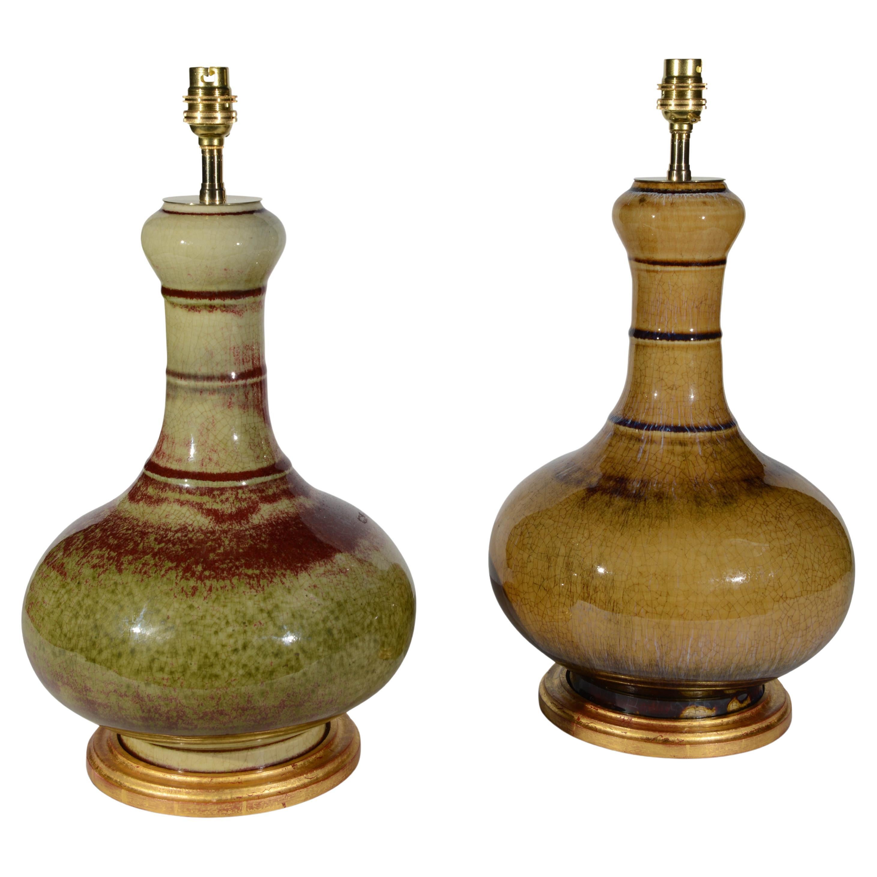 Pair of 20th Century Flambe Crackle Glaze Garlic Neck Table Lamps