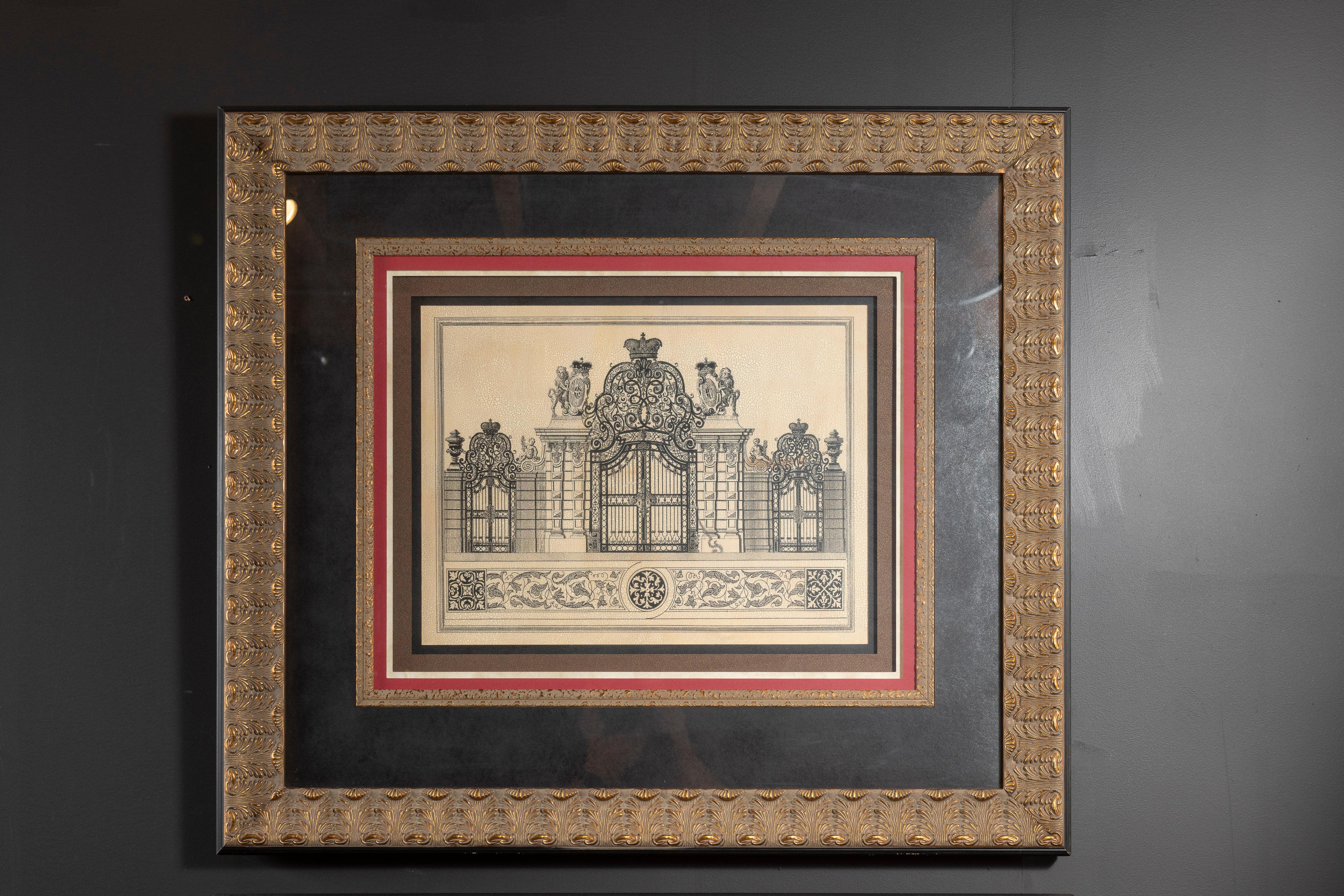 Pair of beautifully framed 20th century crackled paper prints depicting entrances to the Schloss Belvedere Palace in Vienna. One print is of the Main Palace Gate, featuring ornate wrought ironwork, a crown finial and protective lions with shields.