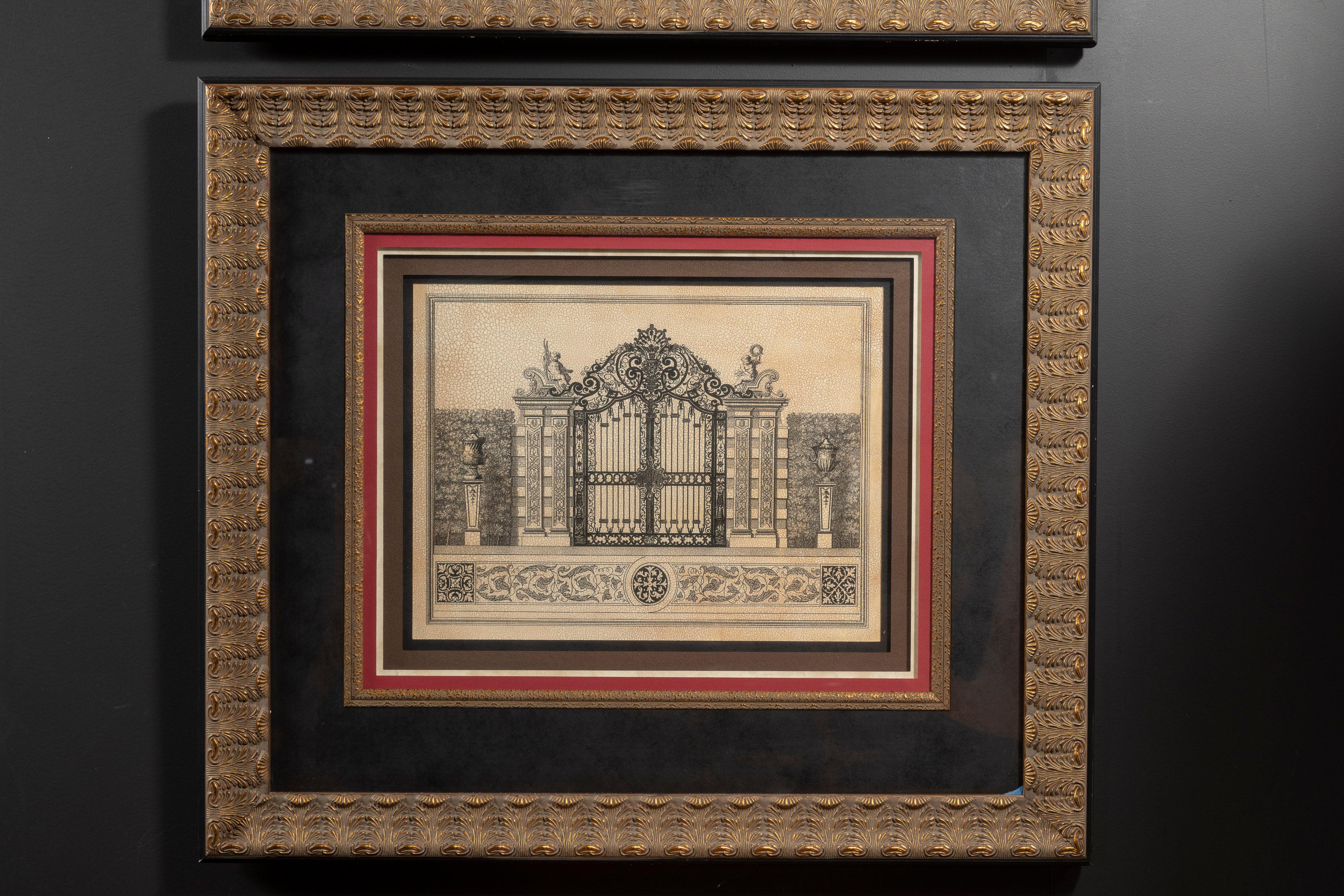 Baroque Pair of 20th Century Framed Crackled Prints of Entrances to Schloss Belvedere For Sale
