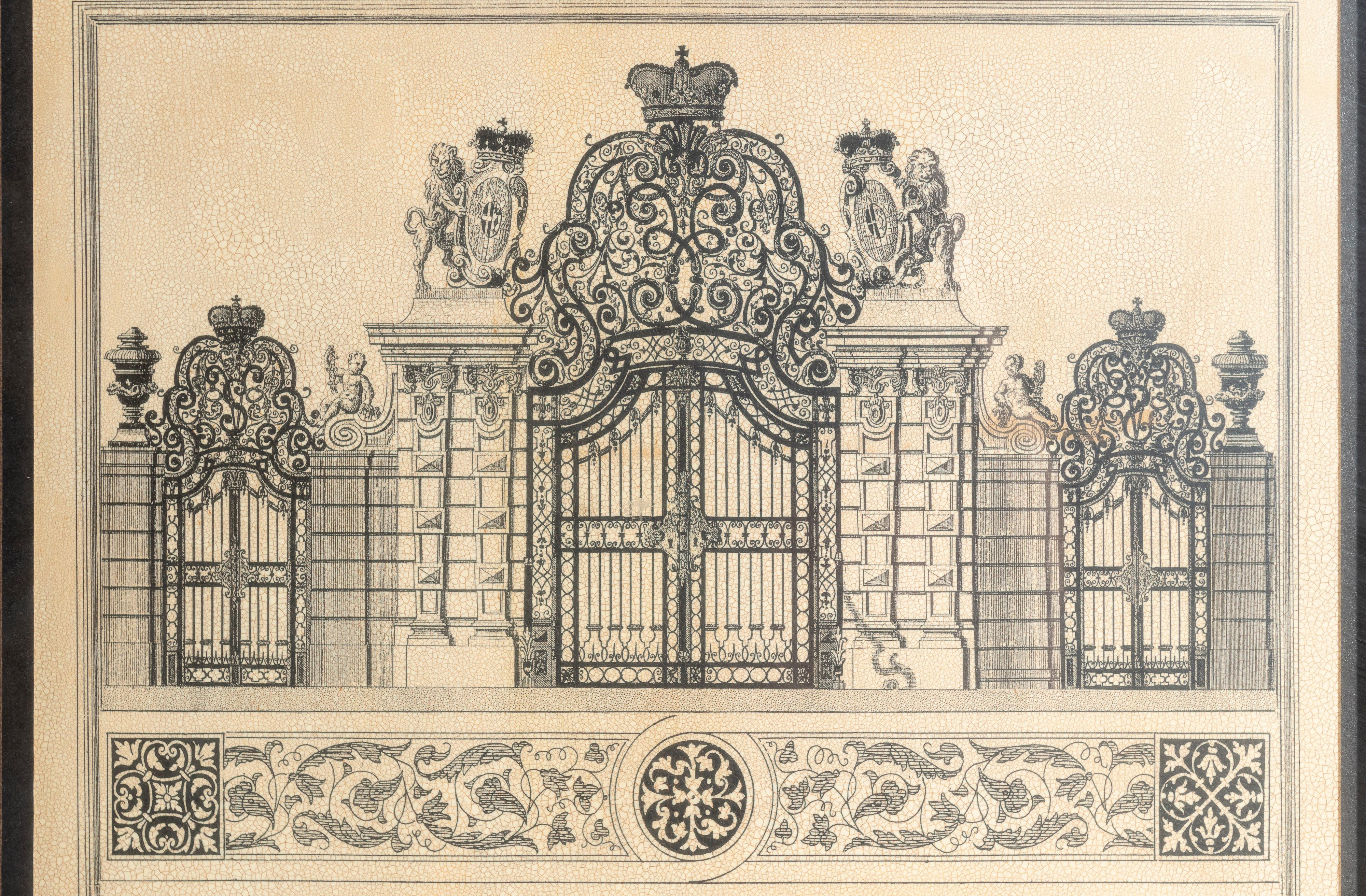 Pair of 20th Century Framed Crackled Prints of Entrances to Schloss Belvedere For Sale 4