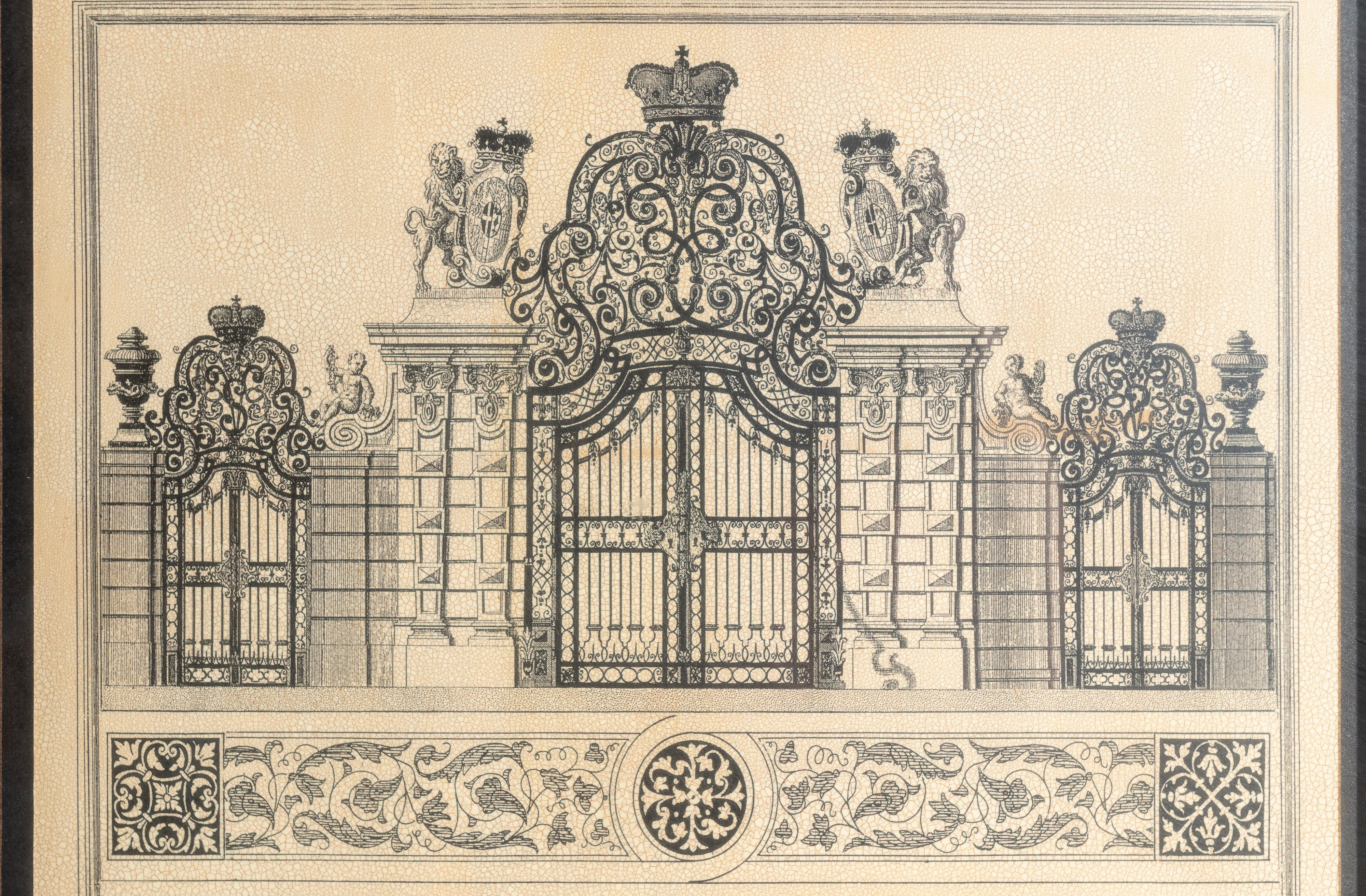 Coppia di stampe incorniciate del XX secolo raffiguranti le entrate dello Schloss Belvedere in vendita 4
