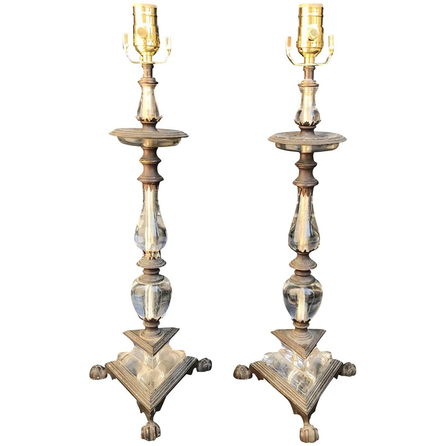Pair of 20th Century French and Crystal and Bronze Table Lamps