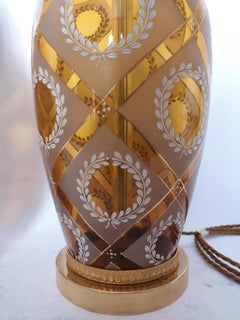 Pair of 20th Century French Amber Glass and Bronze Lamps