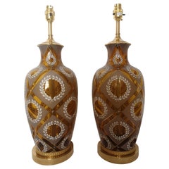 Pair of 20th Century French Amber Glass and Bronze Lamps