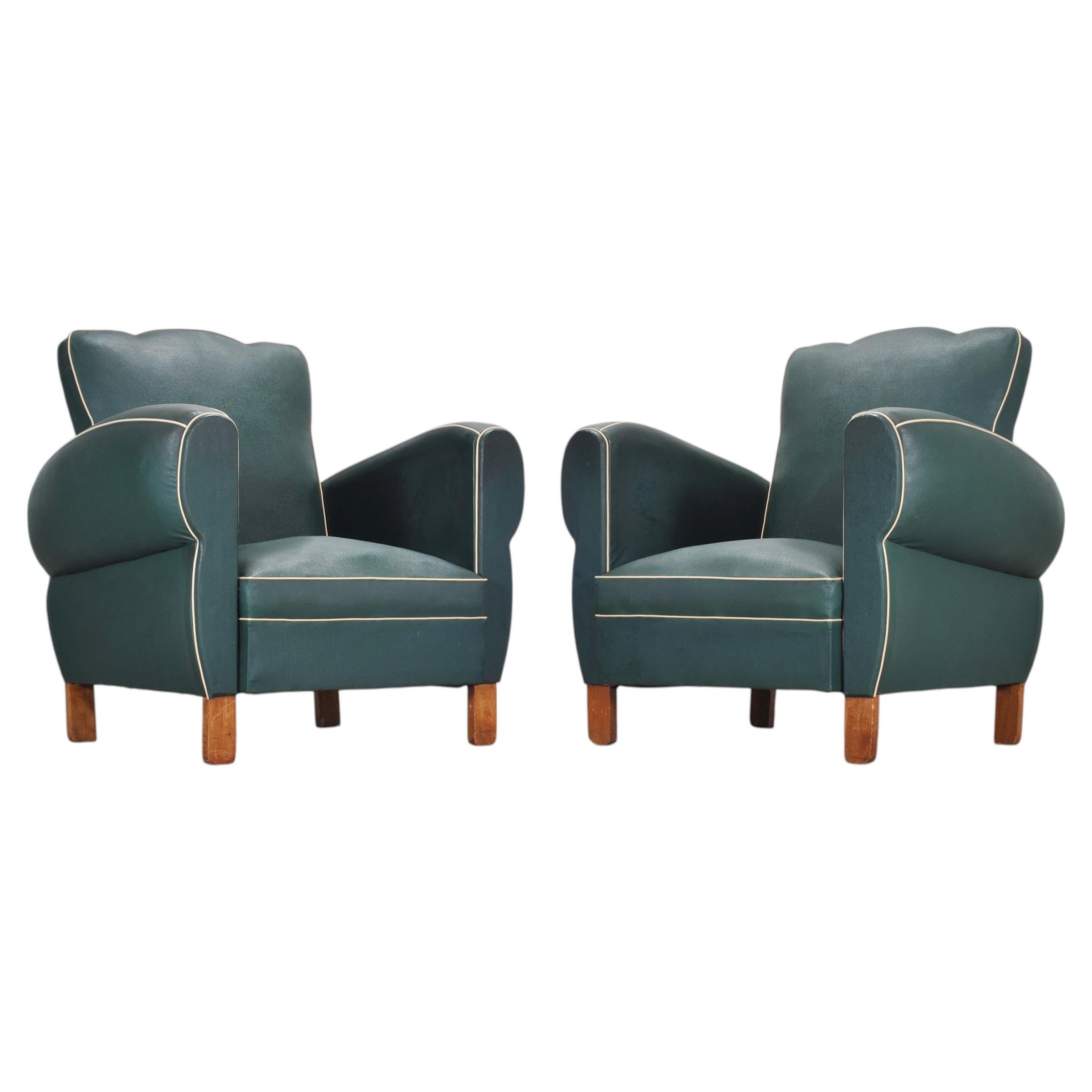 Pair of 20th Century French Art Deco Period Green Club Chairs