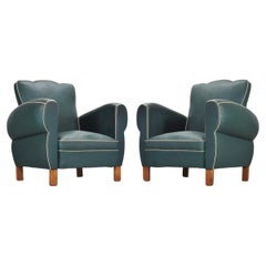 Pair of 20th Century French Art Deco Period Green Club Chairs