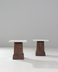Pair of 20th Century French Brutalist Iron Pedestal Tables With Marble Tops