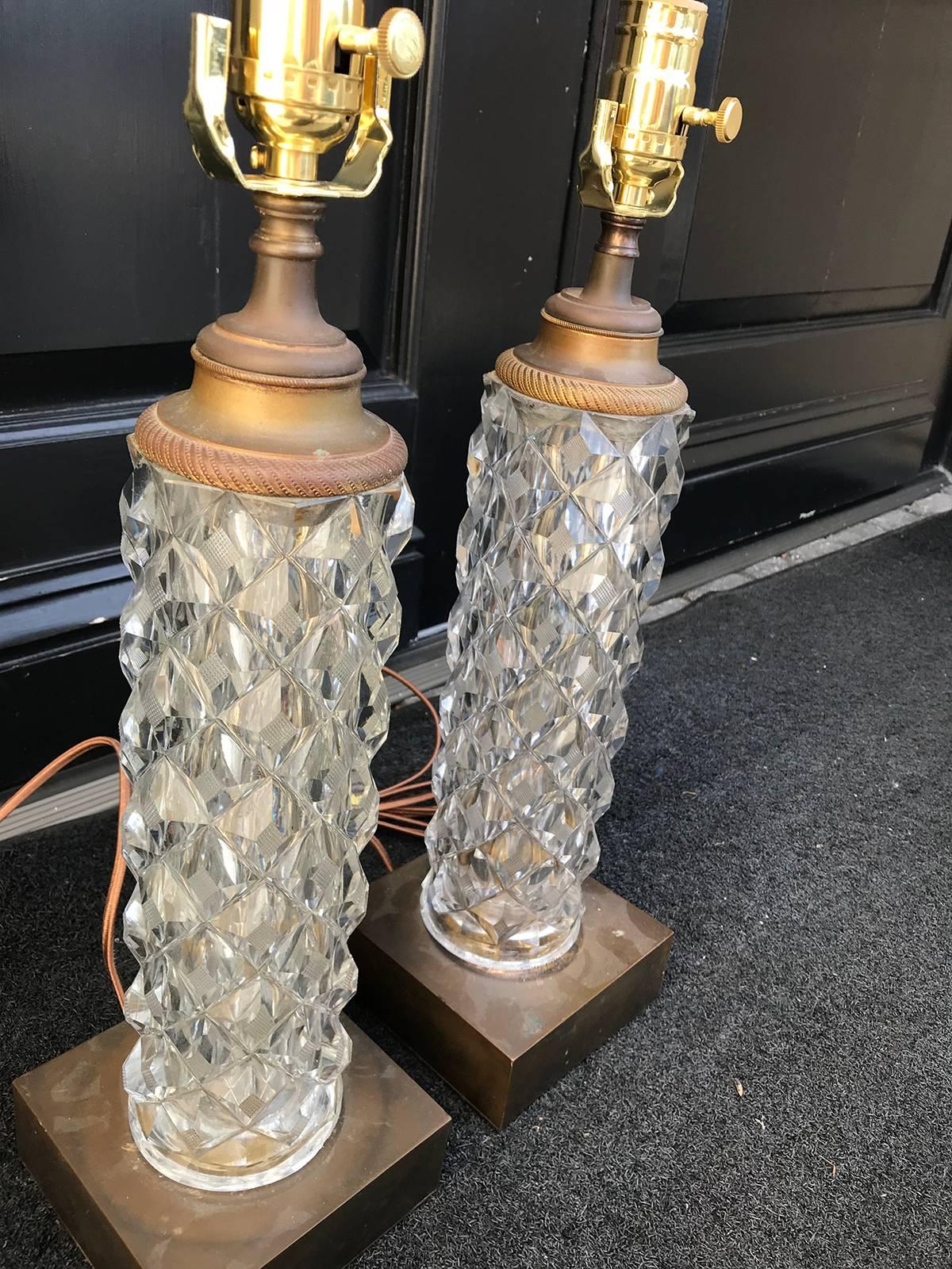 Pair of 20th Century French Cut & Faceted Crystal Table Lamps, Bronze Bases In Good Condition In Atlanta, GA