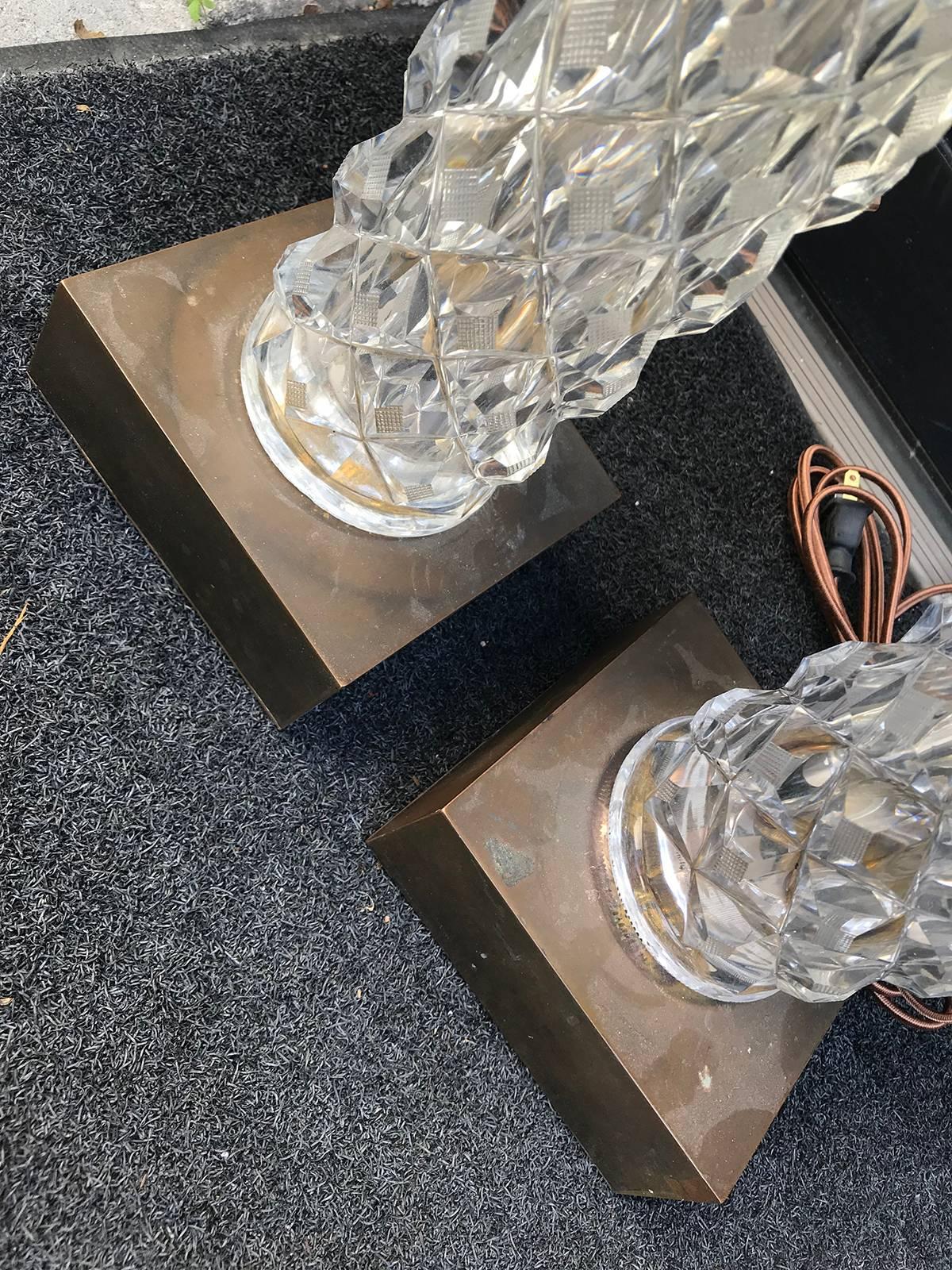 Pair of 20th Century French Cut & Faceted Crystal Table Lamps, Bronze Bases 1