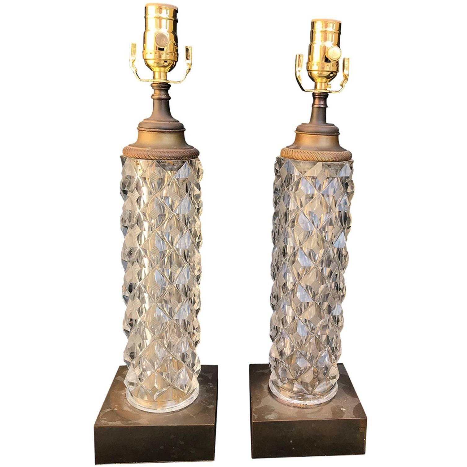 Pair of 20th Century French Cut & Faceted Crystal Table Lamps, Bronze Bases