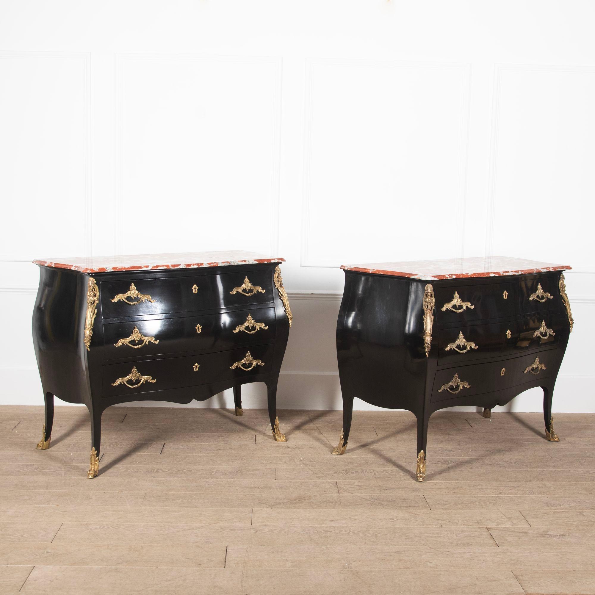 Pair of 20th Century French XV style commodes with stunning marble tops and good ormolu mounts.