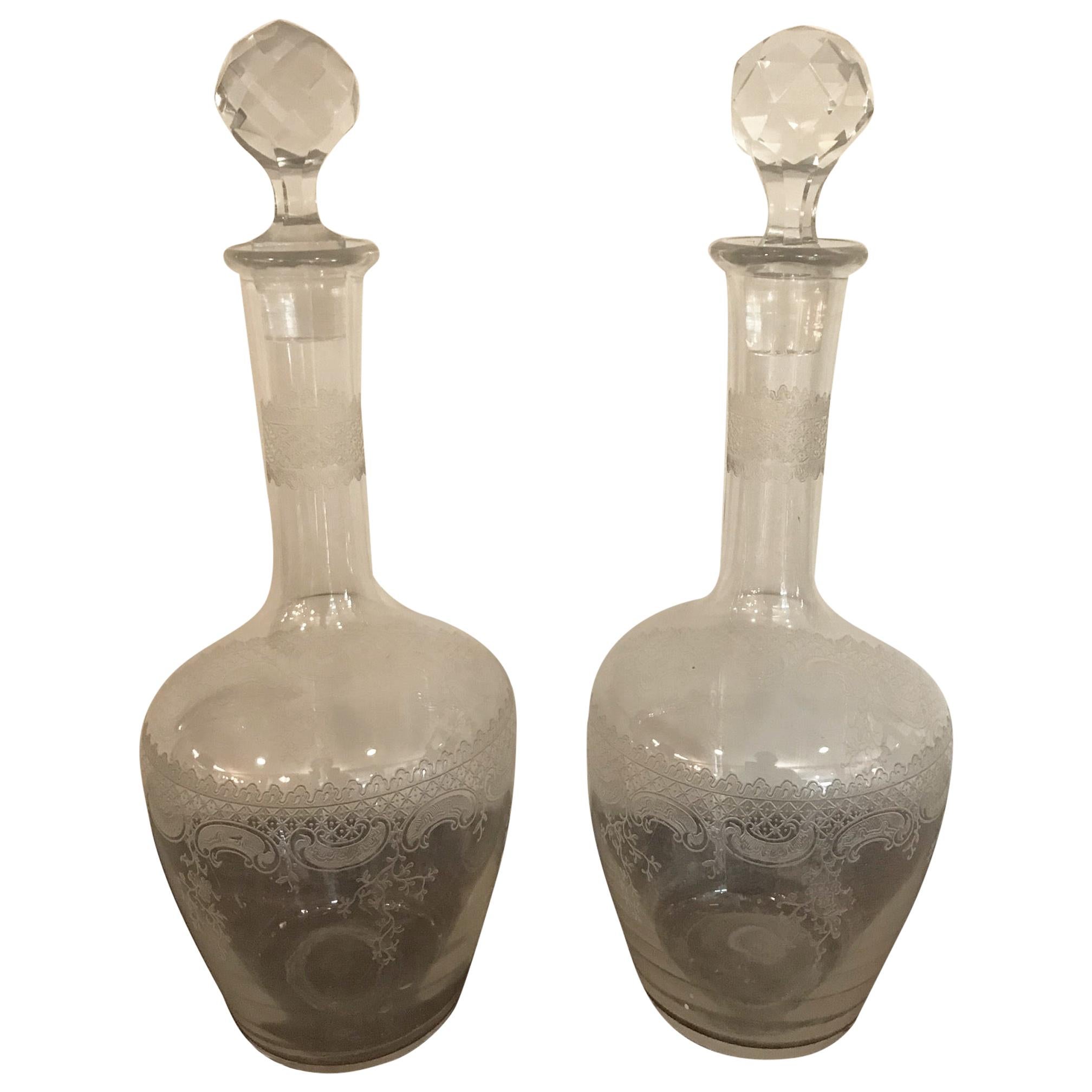 Pair of 20th Century French Engraved Crystal Carafes, circa 1900s For Sale