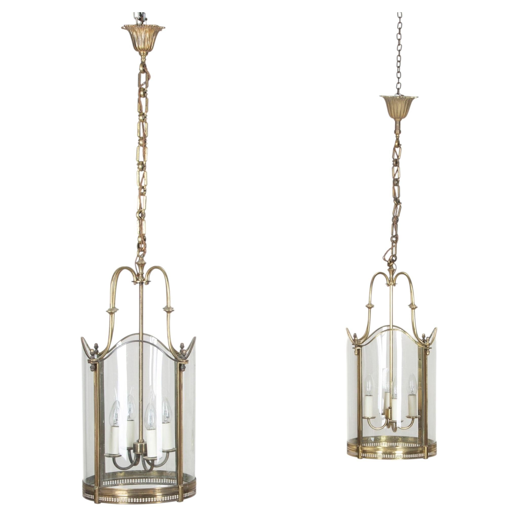 Pair of 20th Century French Four Candle Brass and Glass Hall Lanterns by Repute