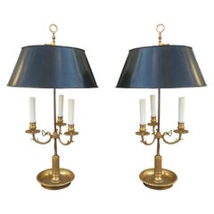 Pair of 20th Century French Gilt Bronze Bouillotte Lamps with Tole Shades