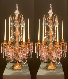 Pair of 20th Century French Girandoles Crystal Gilt Bronze Candelabra Six-armed