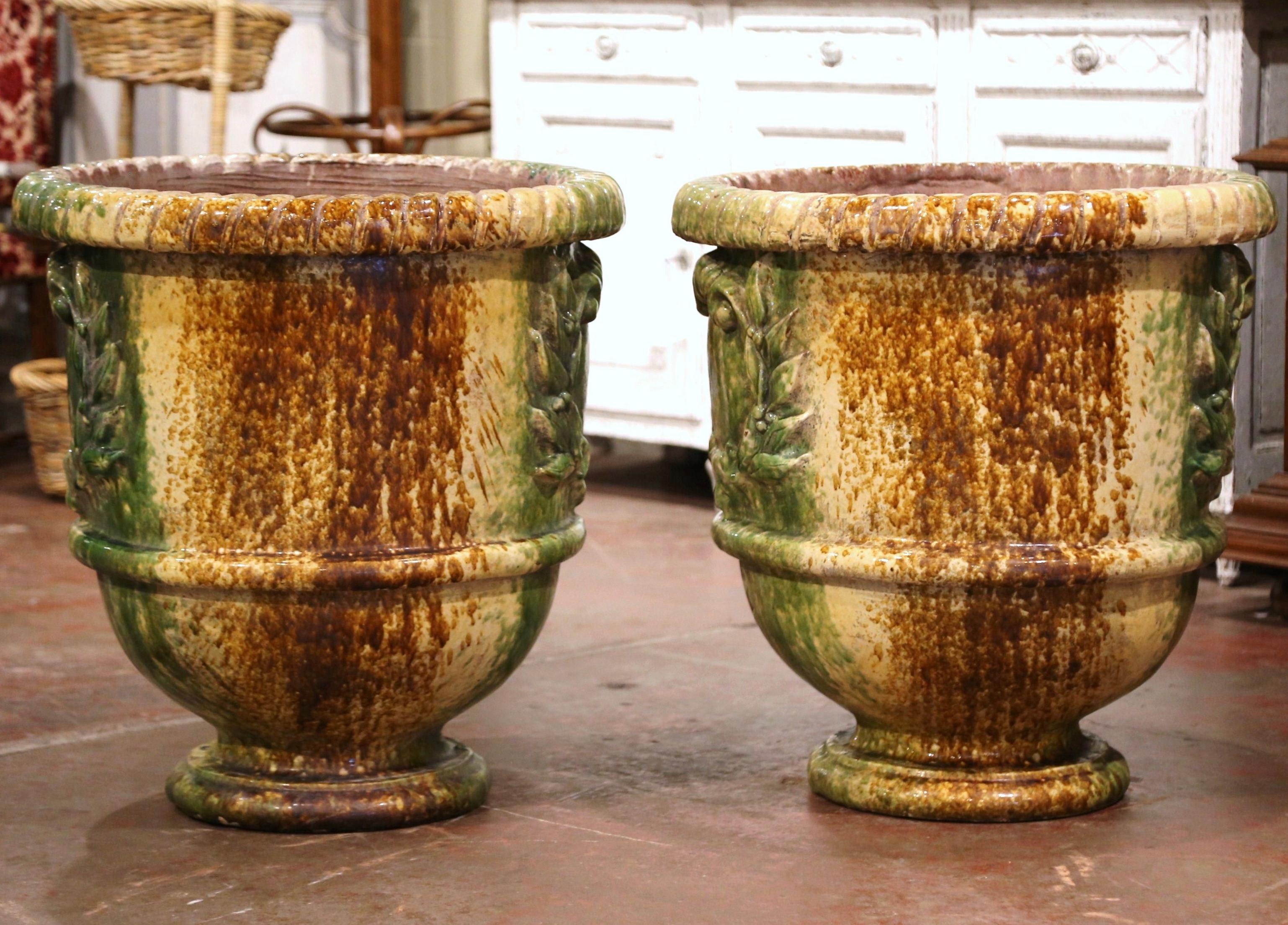 Country Pair of 20th Century French Glazed Terracotta Green Planters from Provence