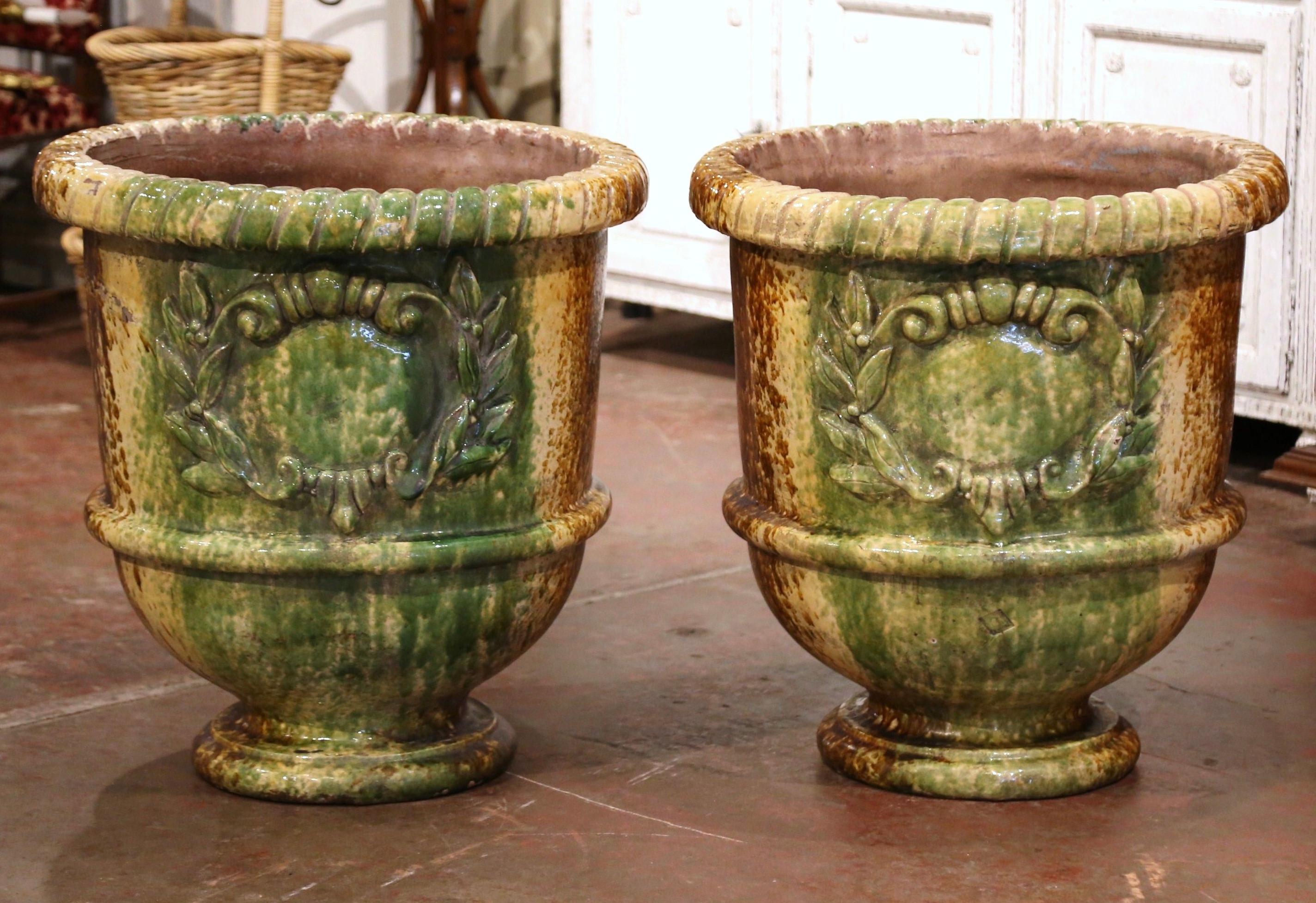 Hand-Crafted Pair of 20th Century French Glazed Terracotta Green Planters from Provence