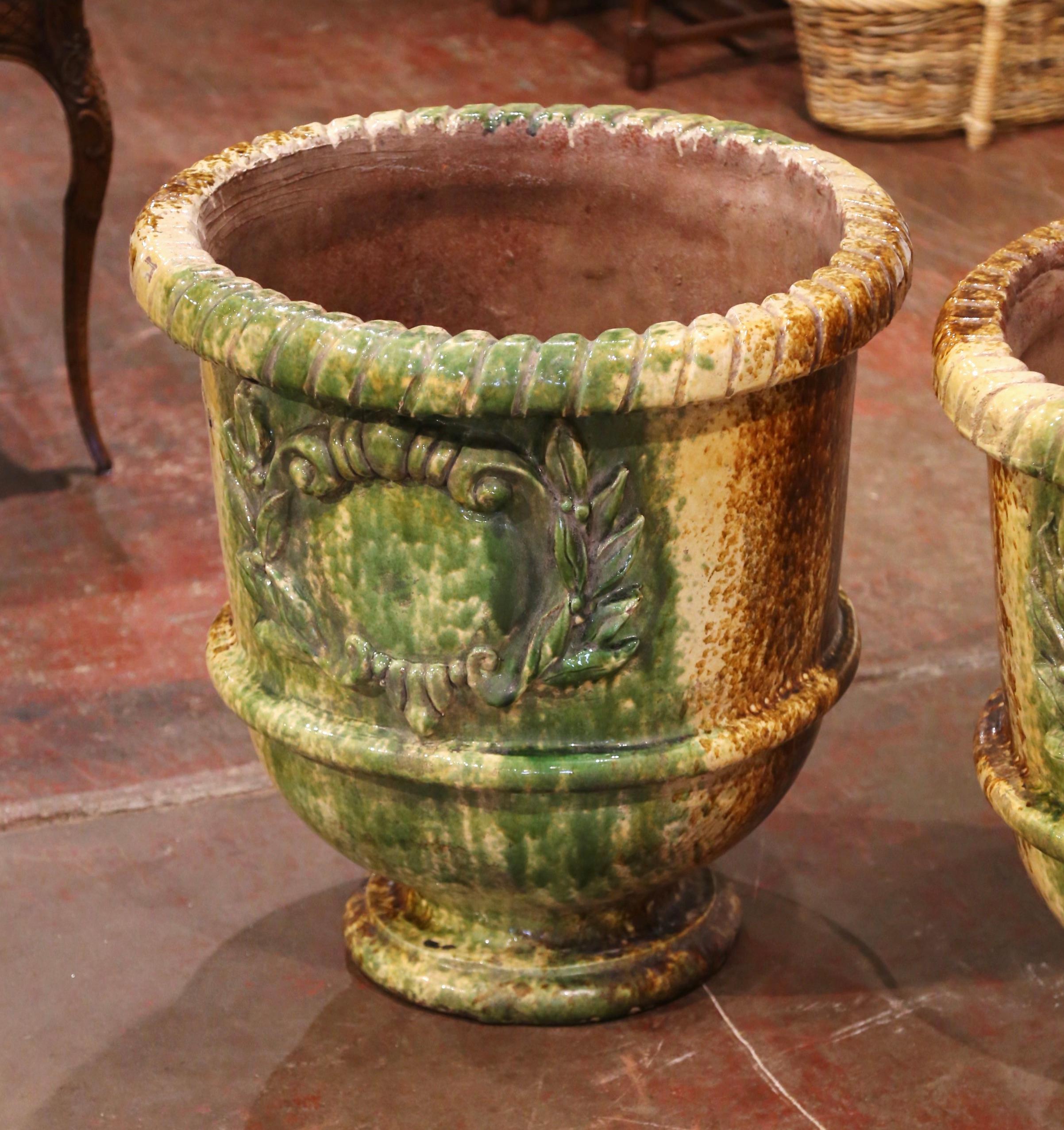 Earthenware Pair of 20th Century French Glazed Terracotta Green Planters from Provence
