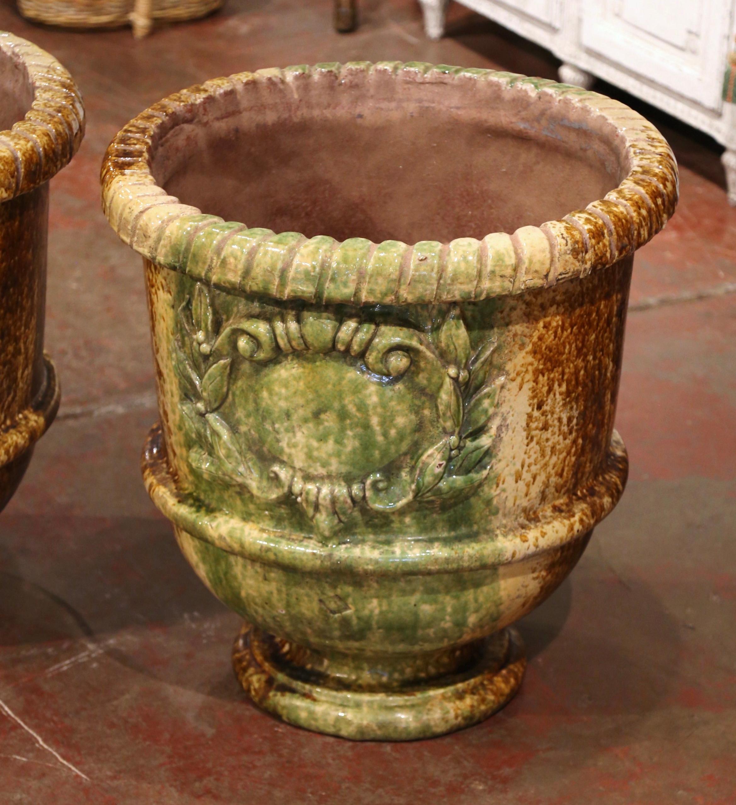 Pair of 20th Century French Glazed Terracotta Green Planters from Provence 2