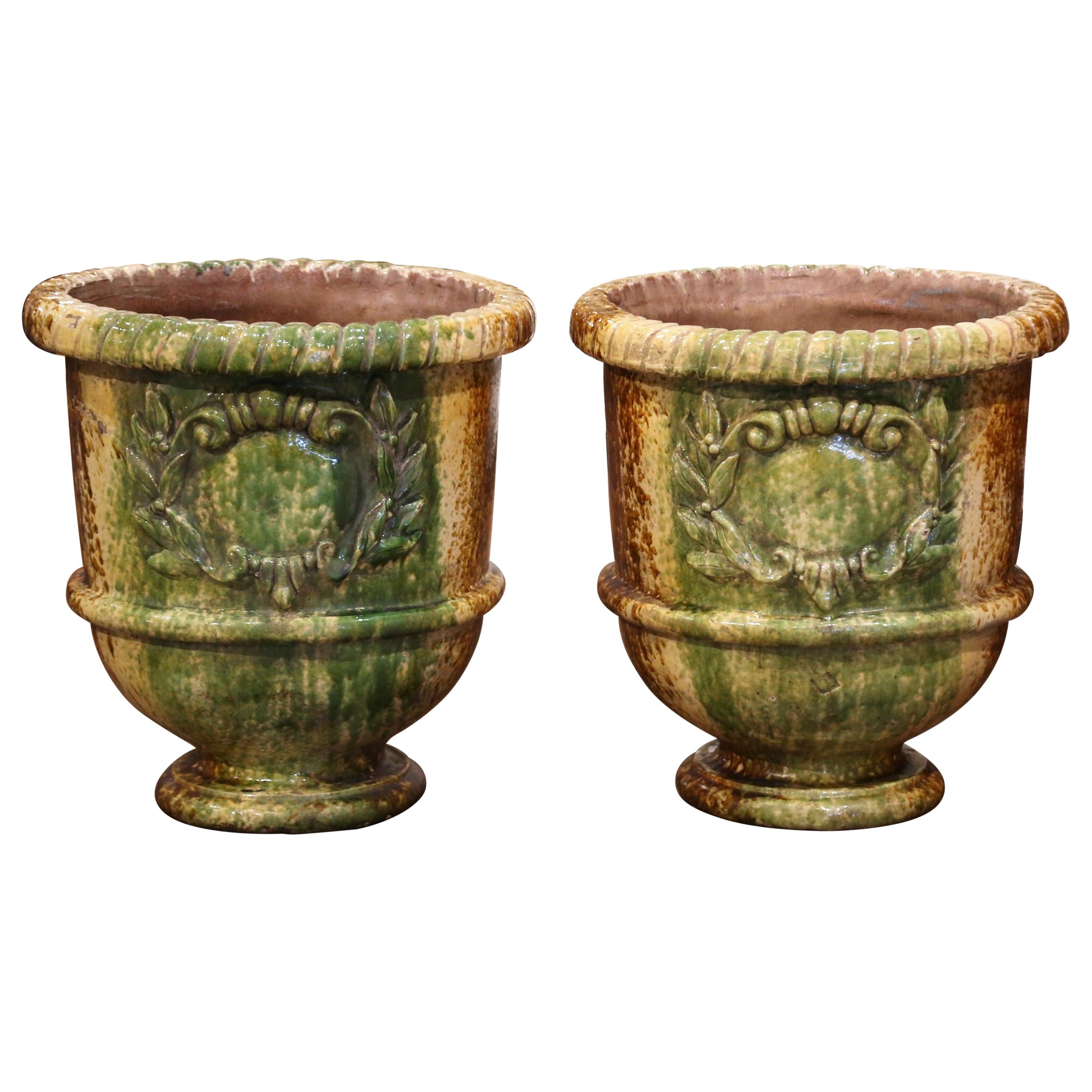 Pair of 20th Century French Glazed Terracotta Green Planters from Provence