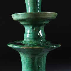Pair of 20th Century, French Green Glaze Art Pottery Candlesticks as Table Lamps