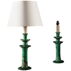 Pair of 20th Century, French Green Glaze Art Pottery Candlesticks as Table Lamps