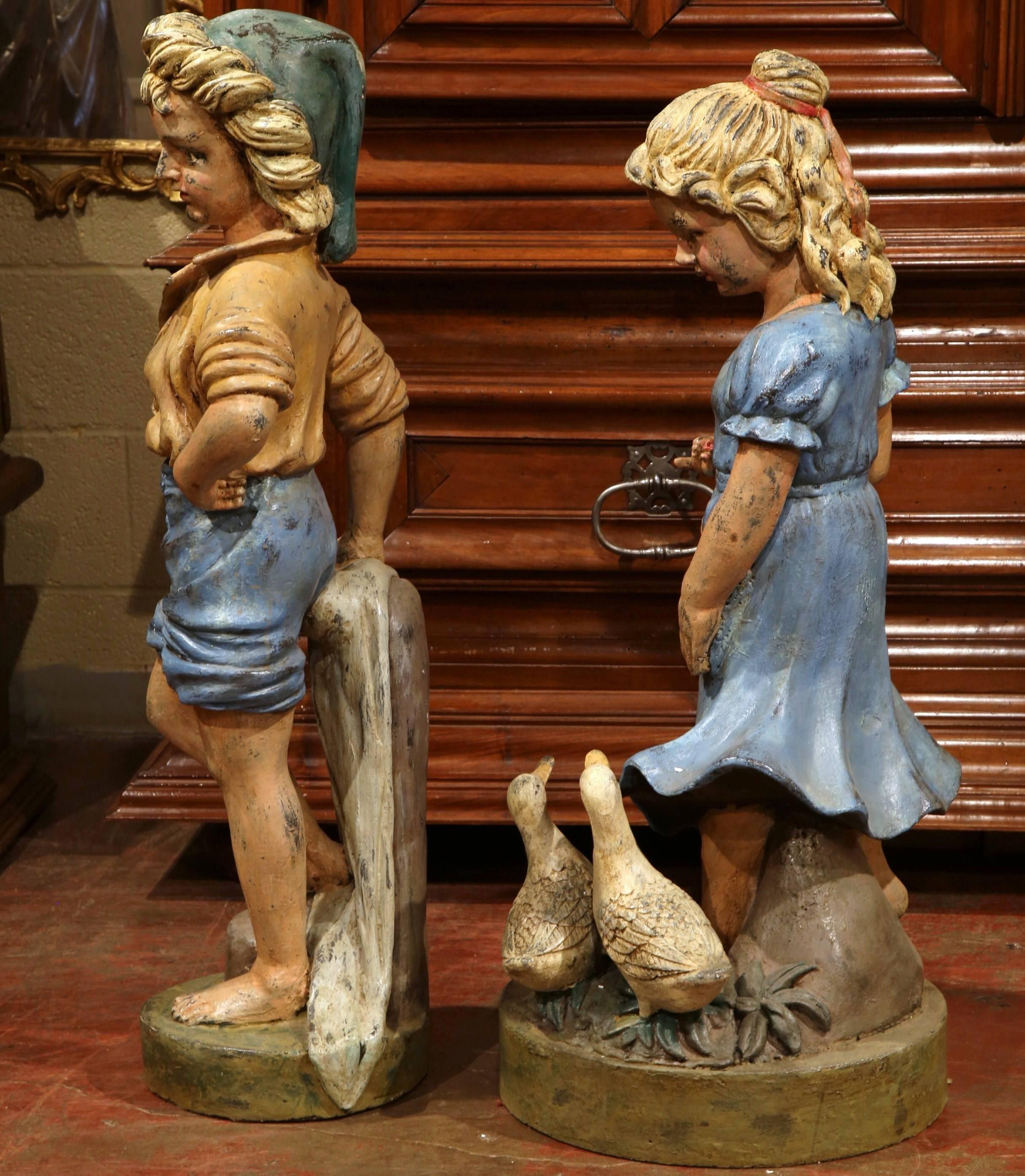 Pair of 20th Century French Hand Painted Iron Boy and Girl Sculptures For Sale 2