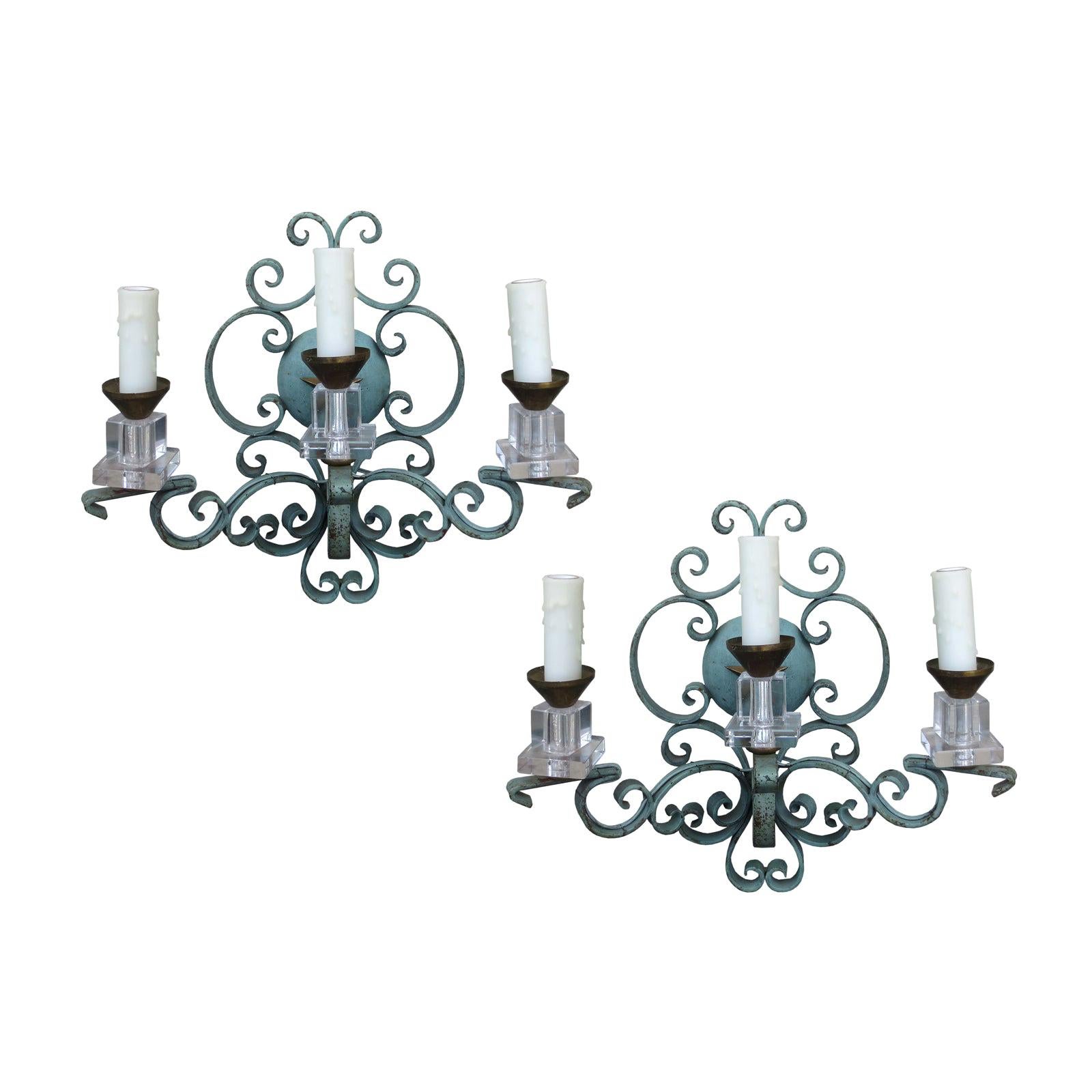 Pair of 20th Century French Iron and Crystal Sconces with Star Motif