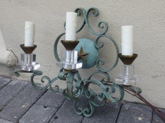 Pair of 20th Century French Iron and Crystal Sconces with Star Motif