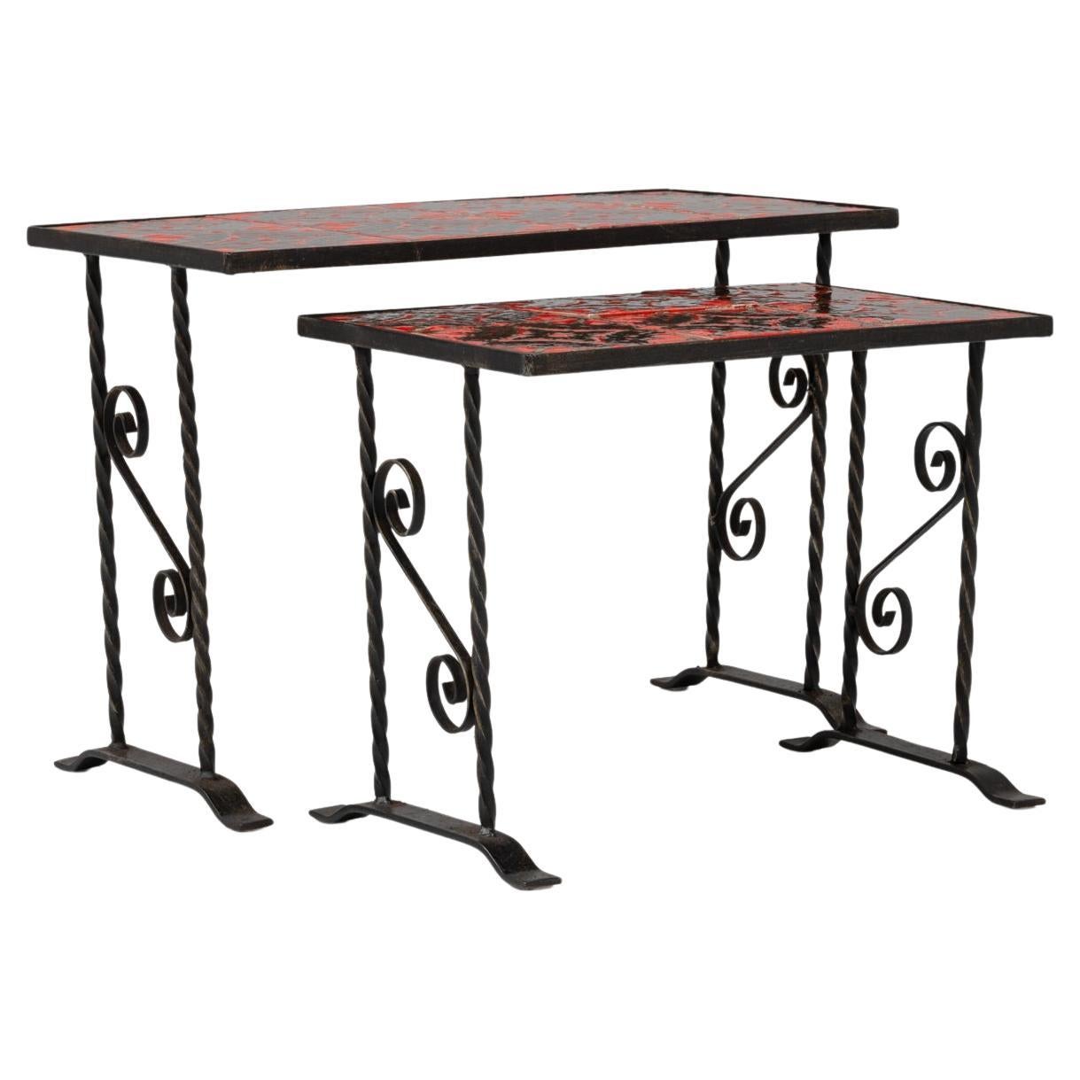 Pair Of 20th Century French Iron Nesting Tables With Ceramic Tops