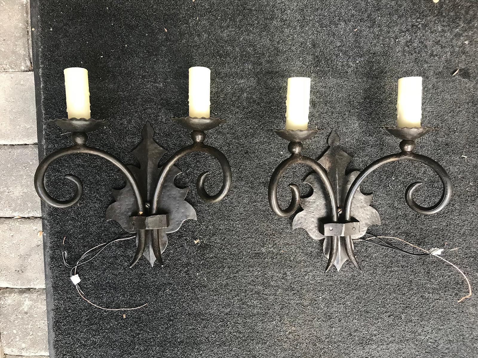 Pair of 20th Century French Iron Two-Arm Sconces In Good Condition In Atlanta, GA