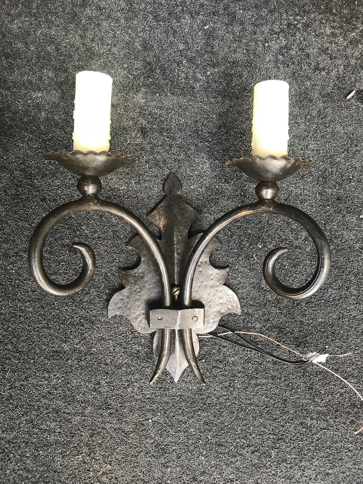 Pair of 20th Century French Iron Two-Arm Sconces 1