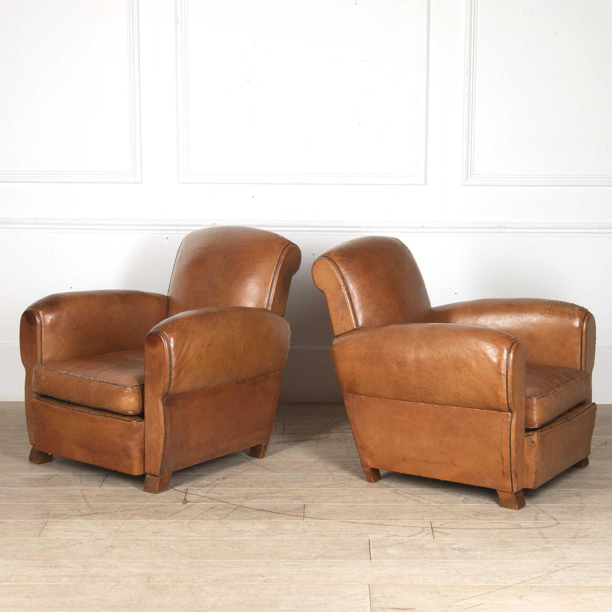 Pair of 20th Century French Leather Club Chairs In Good Condition In Gloucestershire, GB
