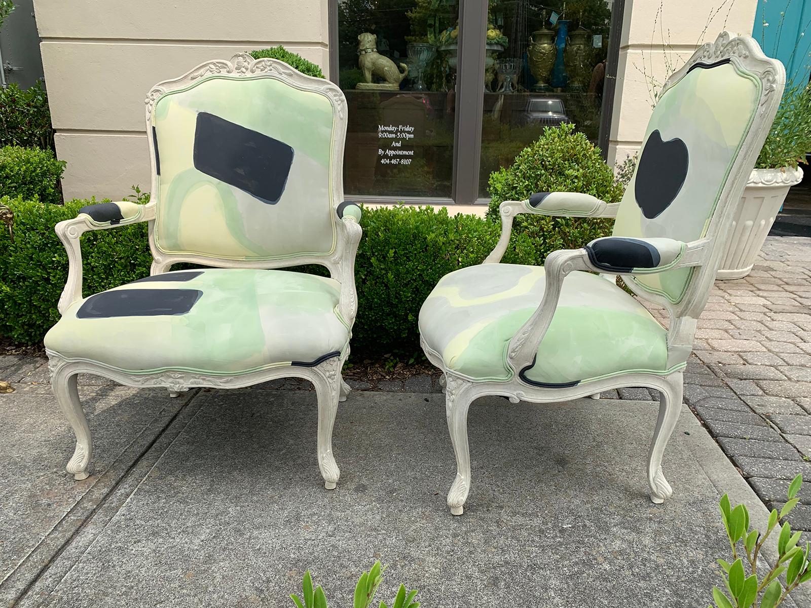 Pair of 20th Century French Louis XV Style Carved Painted Fauteuil Chairs In Good Condition In Atlanta, GA