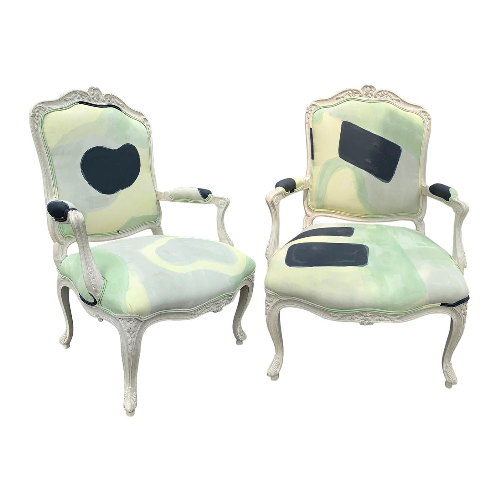 Pair of 20th Century French Louis XV Style Carved Painted Fauteuil Chairs