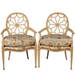 Vintage Pair of 20th Century French Louis XVI Style Open Oval Spiderweb Back Armchairs