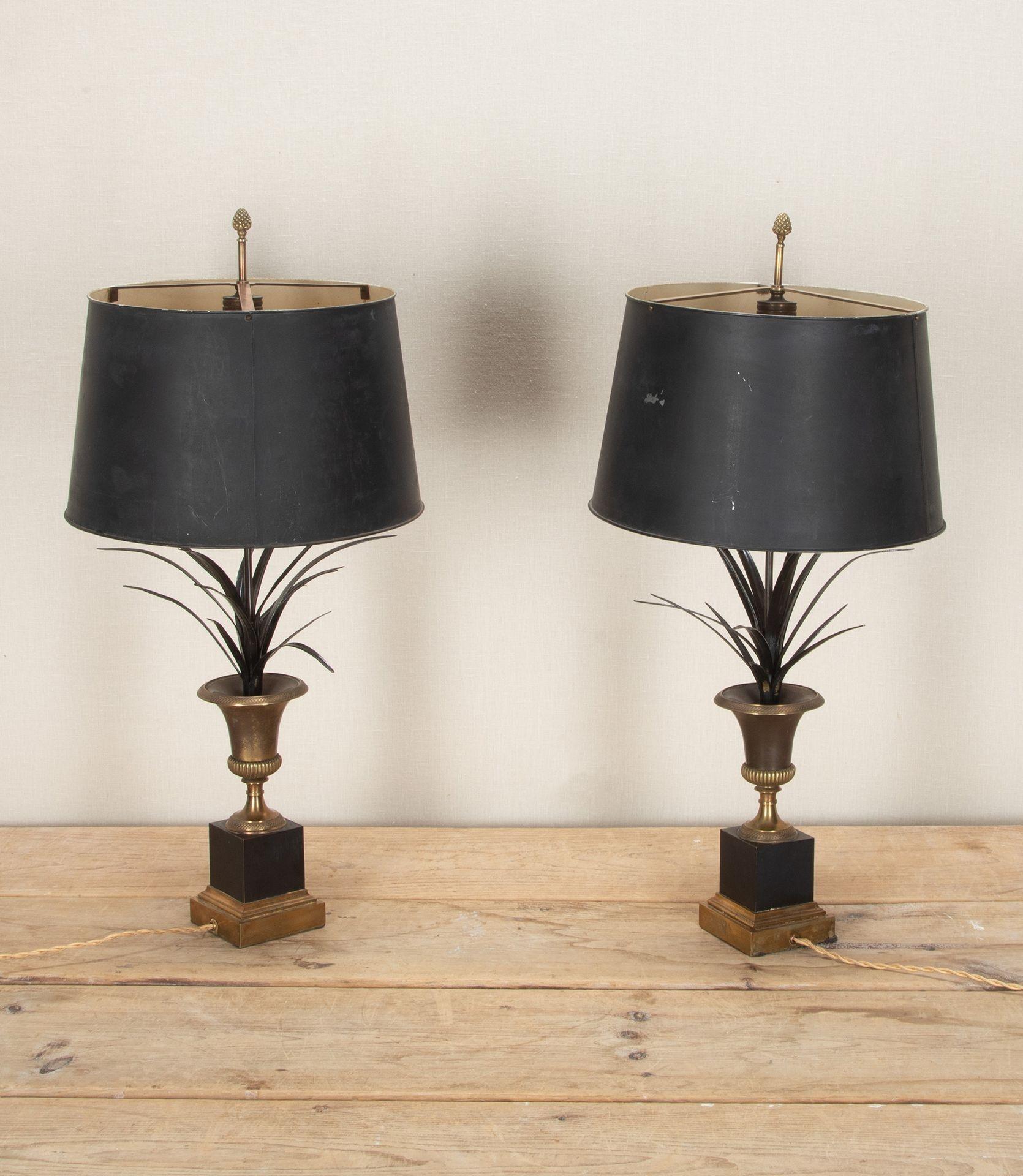A stylish pair of super quality Mid-Century French Maison Charles style urn and frond lamps. With very finely cast gilt bronze Medici urns, on a square stepped base with their original painted metal shades. Circa 1960.