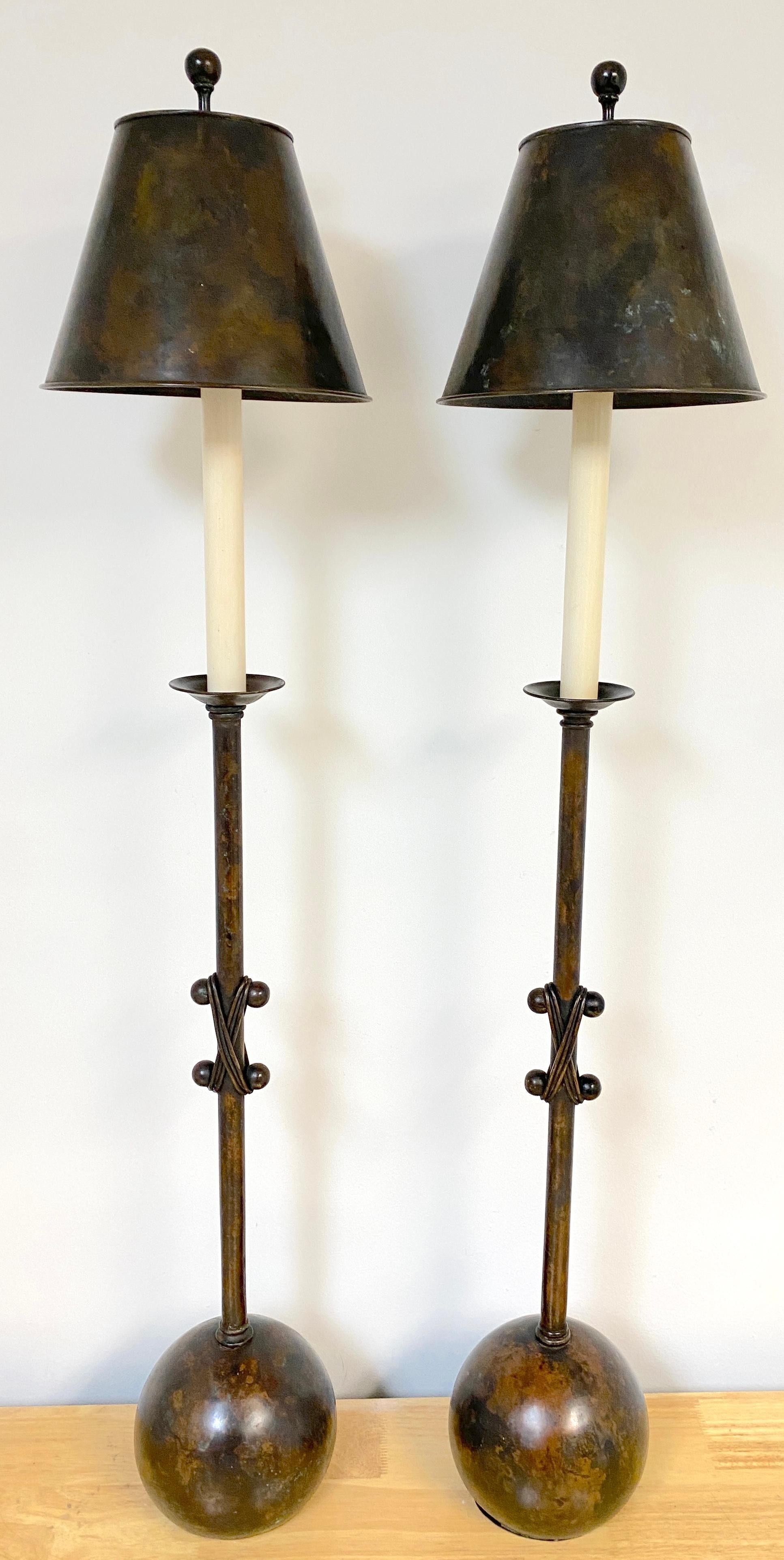 Pair of 20th Century French Modern Patinated Bronze Sculptural Lamps 
France, Later 20th Century 

A Pair of 20th Century French Modern Patinated Bronze Sculptural Lamps, made in France in the later 20th century. These lamps, standing at an