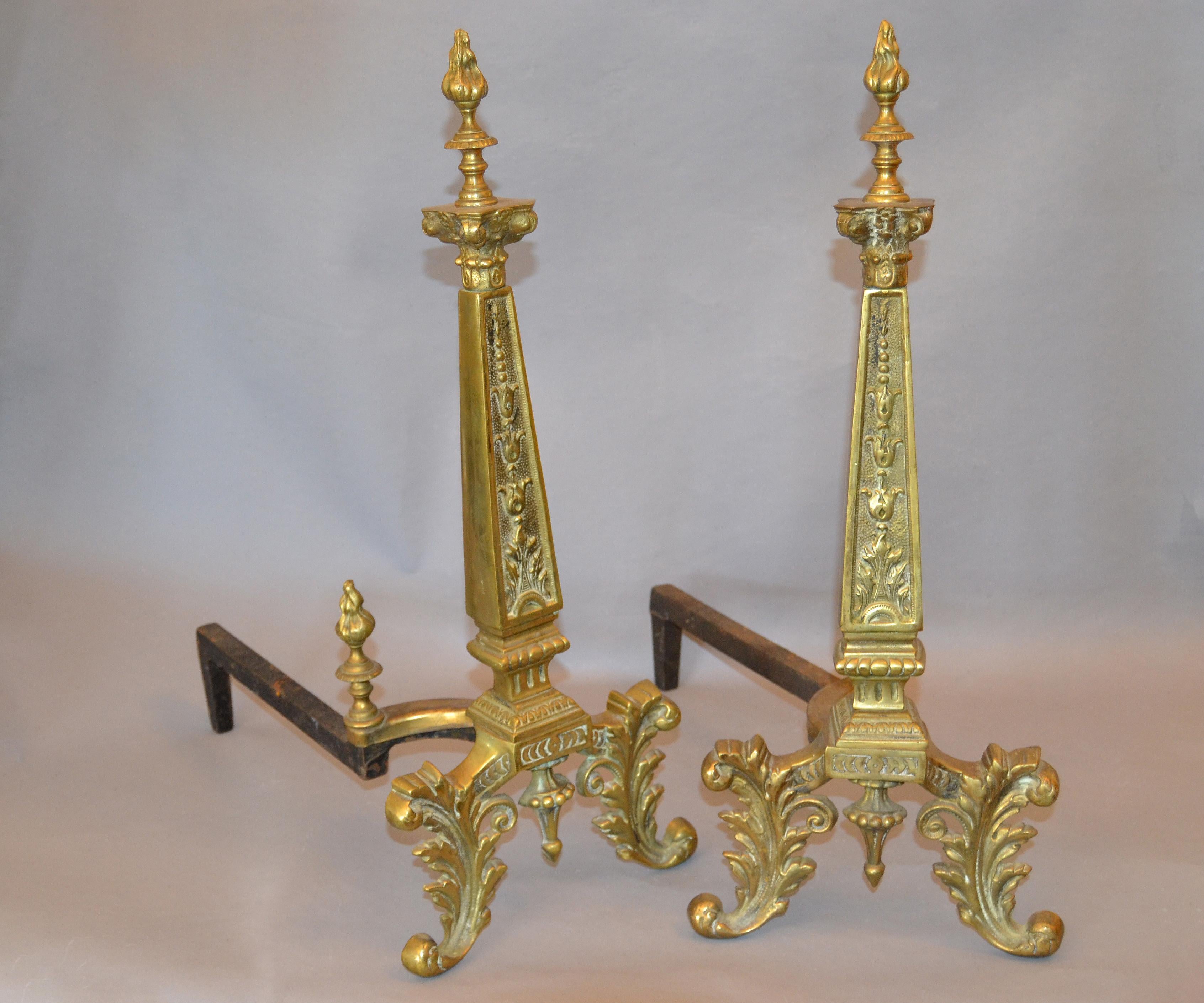 Pair of 20th Century French Neoclassical Column Bronze Andirons For Sale 7