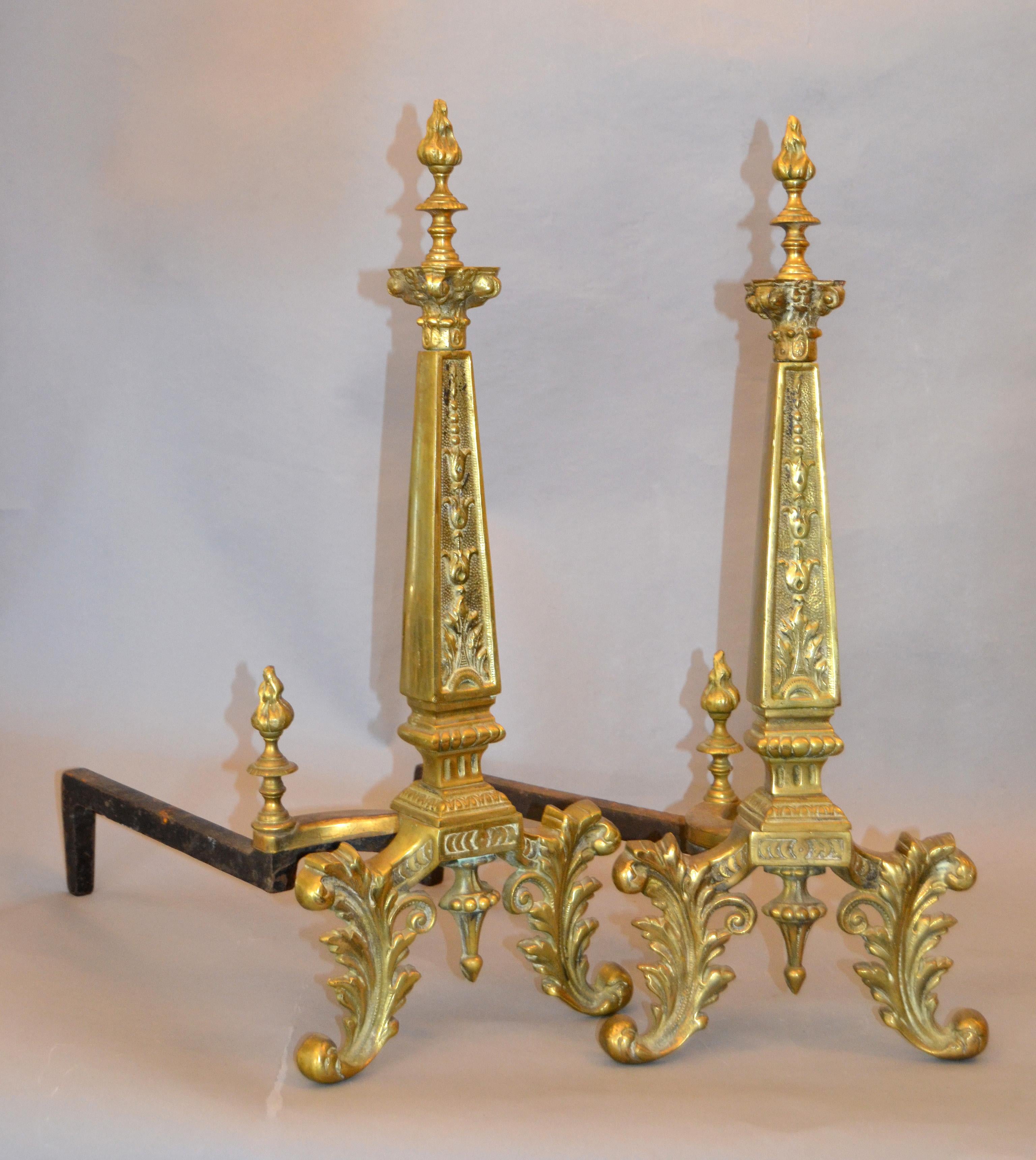 Brass Pair of 20th Century French Neoclassical Column Bronze Andirons For Sale