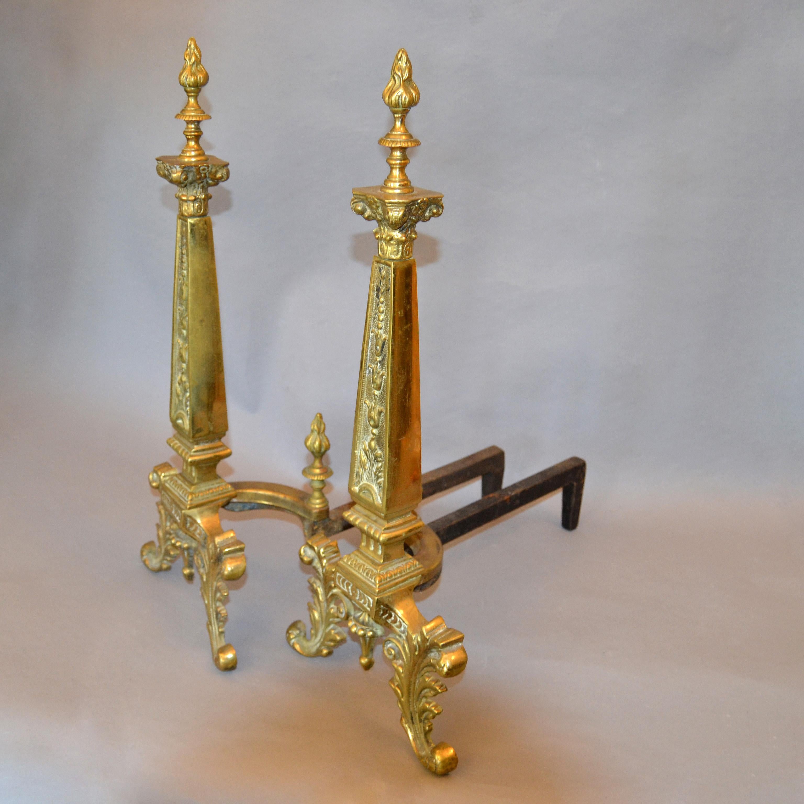 Pair of 20th Century French Neoclassical Column Bronze Andirons For Sale 1