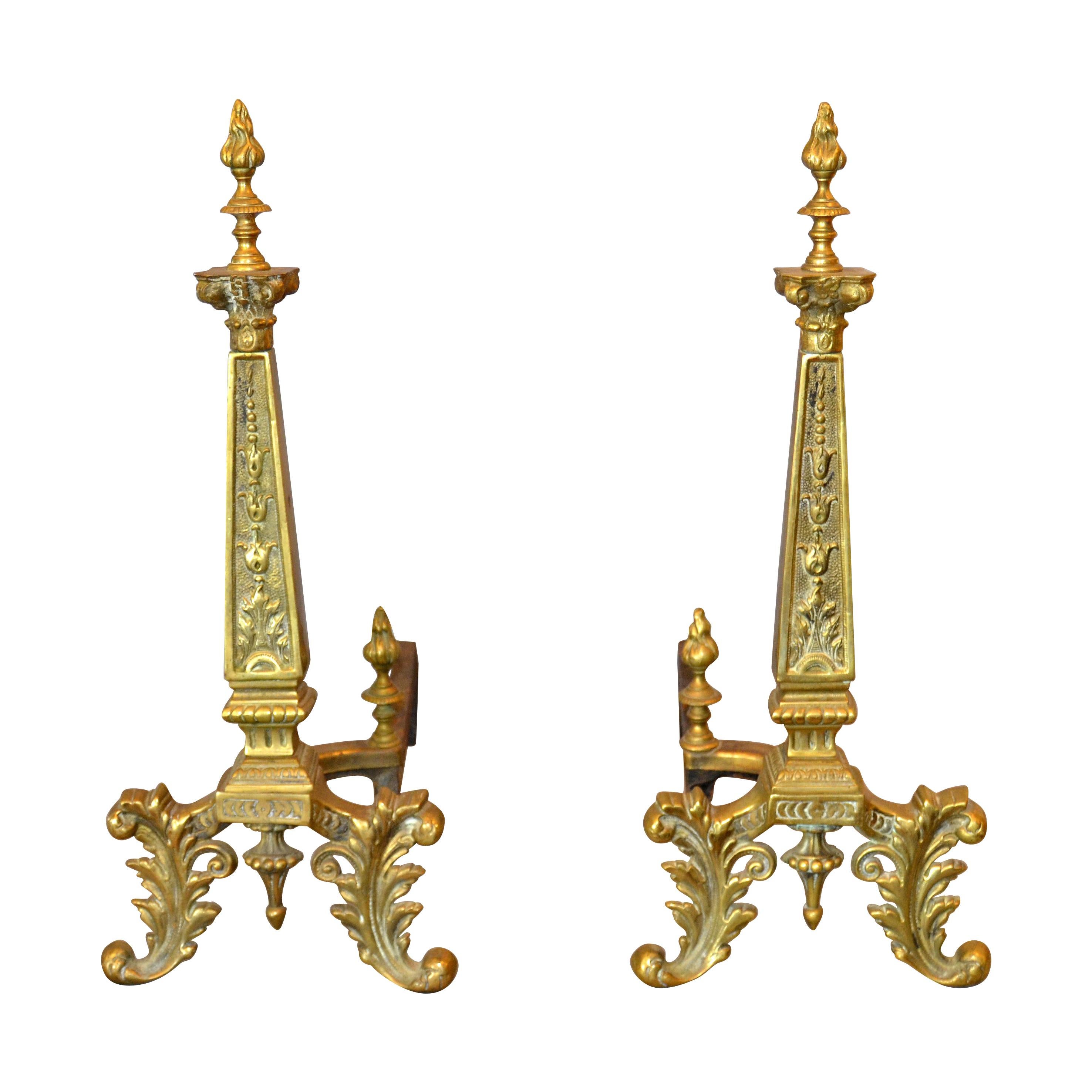 Pair of 20th Century French Neoclassical Column Bronze Andirons For Sale